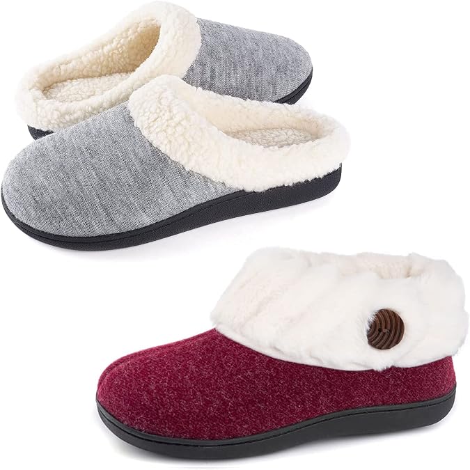 Wishcotton Women's Set of 2 Pairs -Sherpa Fleece House Slipper with Memory Foam(Grey, US 8-9) and Fuzzy Felt Cozy Closed Back Slippers(Wine, US 9)