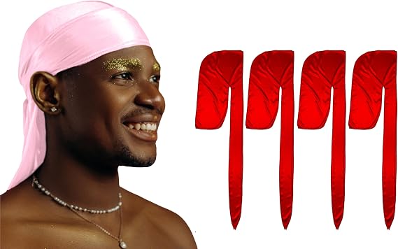 1 Pack Pink Silky Satin Durag Bundle 4 Pack Red Silk Durag