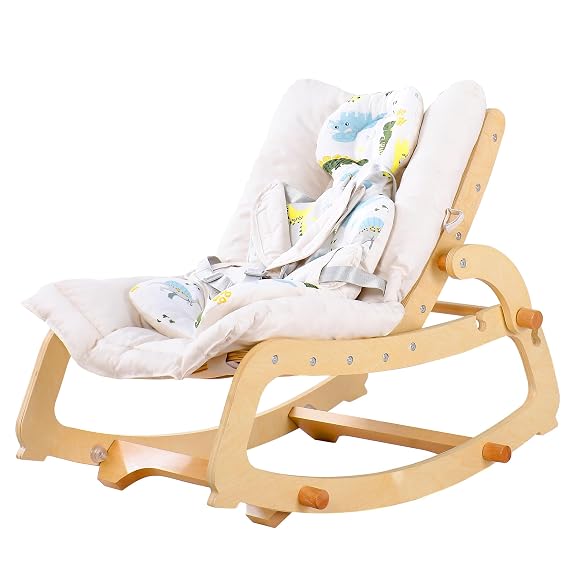 MallBest 3-in-1 Baby Rocker Chair with Double Cushions, for 0-12 Months, Adjustable Wooden Infant Rocker with Removable Cushion and 5-Point Harness for Infant to Toddler (Beige)