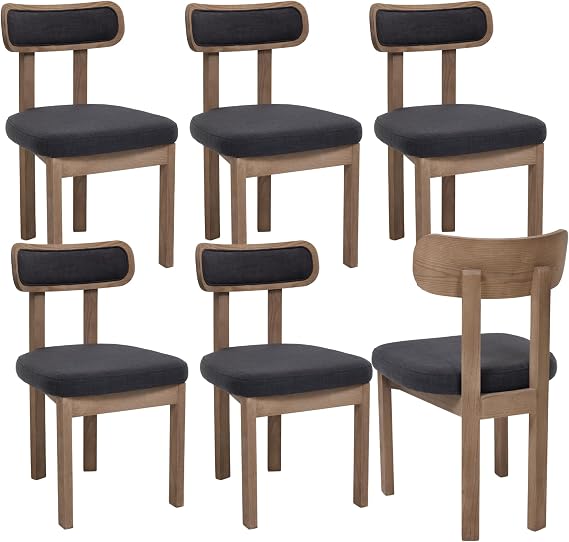 Grey Dining Chairs Set of 6, Mid Century Modern Upholstered Linen Dining Room Chair with Curved Back, Armless Kitchen Chairs for Living Room/Restaurant/Balcony/Bedroom/Bome Desk/Task