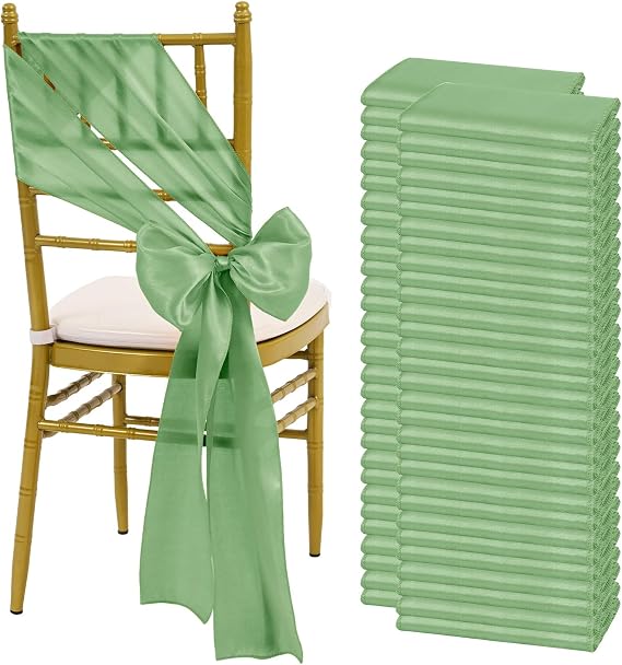 fani Sage Green Satin Chair Straps Bows,120 PCS 7x108 Inch,Chair Sash