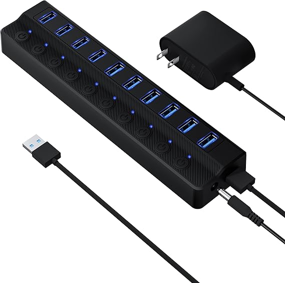 Powered USB Hub 3.0, 10-Port USB Splitter Hub | Individual On/Off Switches and 12V/2A Power Adapter USB Extension