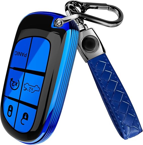 Lucrum Compatible with Dodge, Jeep, Chrysler Key Fob Cover & Keychain | Fits Ram, Charger, Dart, Durango, Journey, 5 Buttons Keyfob Case (2011-2025) - Blue and Black