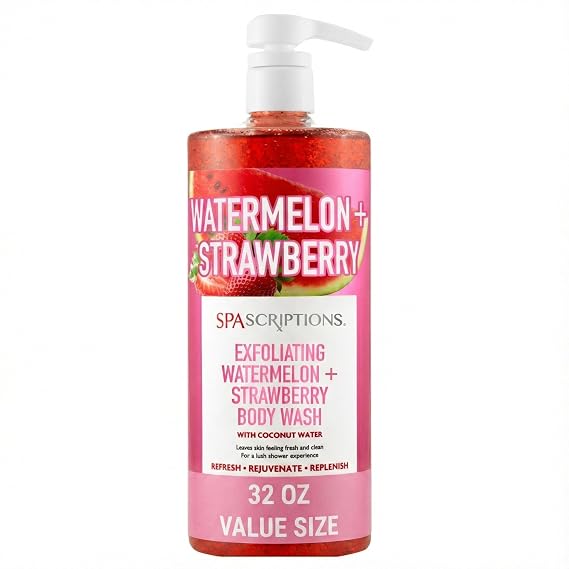 SpaScriptions Watermelon & Strawberry Exfoliating Treatment Body Wash Natural Exfoliation for Dull Looking Skin with Hydrating Coconut Water for Smooth Radiant Skin, Moisturizing Body Cleanser 32oz