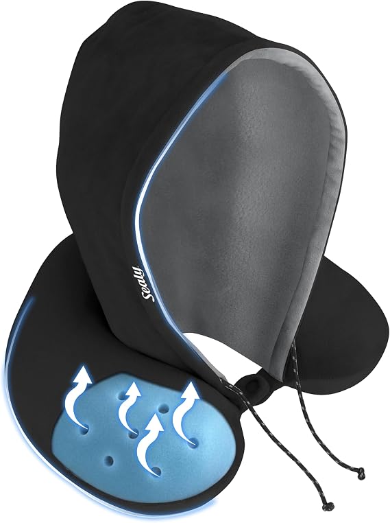 Sealy, Infused-Gel Hooded Travel Pillow with Airflow Memory Foam, Tailored Just for You with Contoured Support, The Ultimate Rest for Flights, Rides, and Your Home, Blocks Cold Drafts, Black