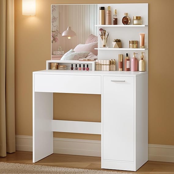 VASAGLE Dressing Table with Mirror, 1 Drawer, Cabinet