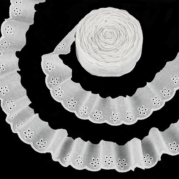 FINGERINSPIRE 15 Yards Cotton Lace Trim 1-5/8" Ivory White Eyelet Ribbon Floral Embroidery Ruffle With Wavy Edge for Sewing Dresses Bags Pets Clothes