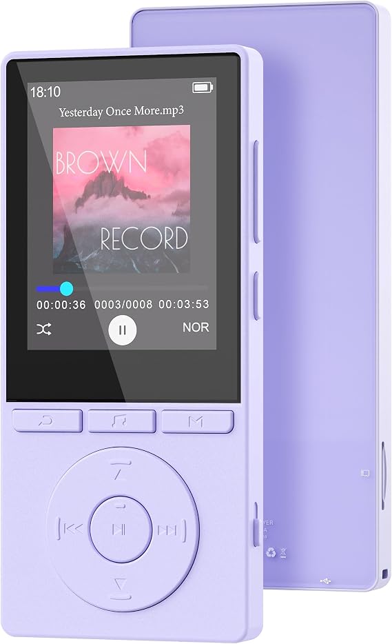 64GB MP3 Player Bluetooth 5.3, MP3 Player with Speaker, Music Playback, Voice Recorder, E-Book, HiFi Sound, Headphones, MP3 Player, Ideal for Sports, Support 128GB TF Card, Purple