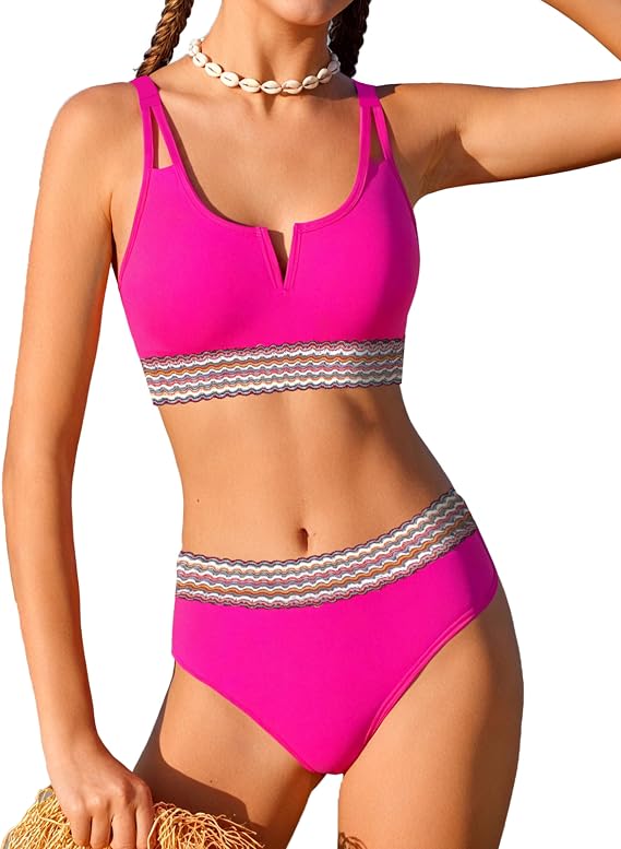 BAVADER Girls Swimsuit High Waisted Bathing Suit for Girls V-Neck Cutout Two Piece Swimwear Color Block Welt Bikini Set 9-16y