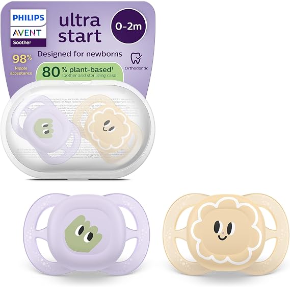 Philips Avent Ultra Start Soothers - Orthodontic Design, for Newborns, Soft Silicone Symmetrical Teat, BPA-Free, with Sterilizing Case, 2 Pack, SCF075/13