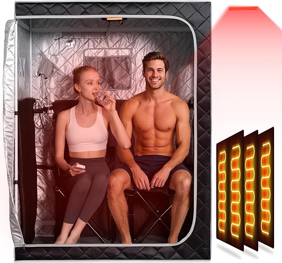 Smartmak Portable Far Infrared Sauna, Home Two Person Sauna Box with 660nm Red Light Therapy Lamp, X-Large Full Size Indoor SPA Tent for Body Recovery, Remote Control, 2 Folding Chairs, Greyborder