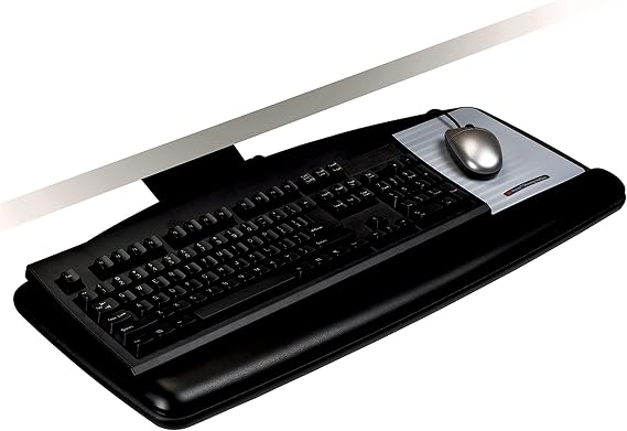 3M Under Desk Keyboard Tray, Turn Knob to Adjust Height and Tilt to Enhance Comfort and Ergonomics, Sturdy Tray with Gel Wrist Rest and Precise Mouse Pad, Stores Under Desk, 17" Track, Black (AKT60LE)