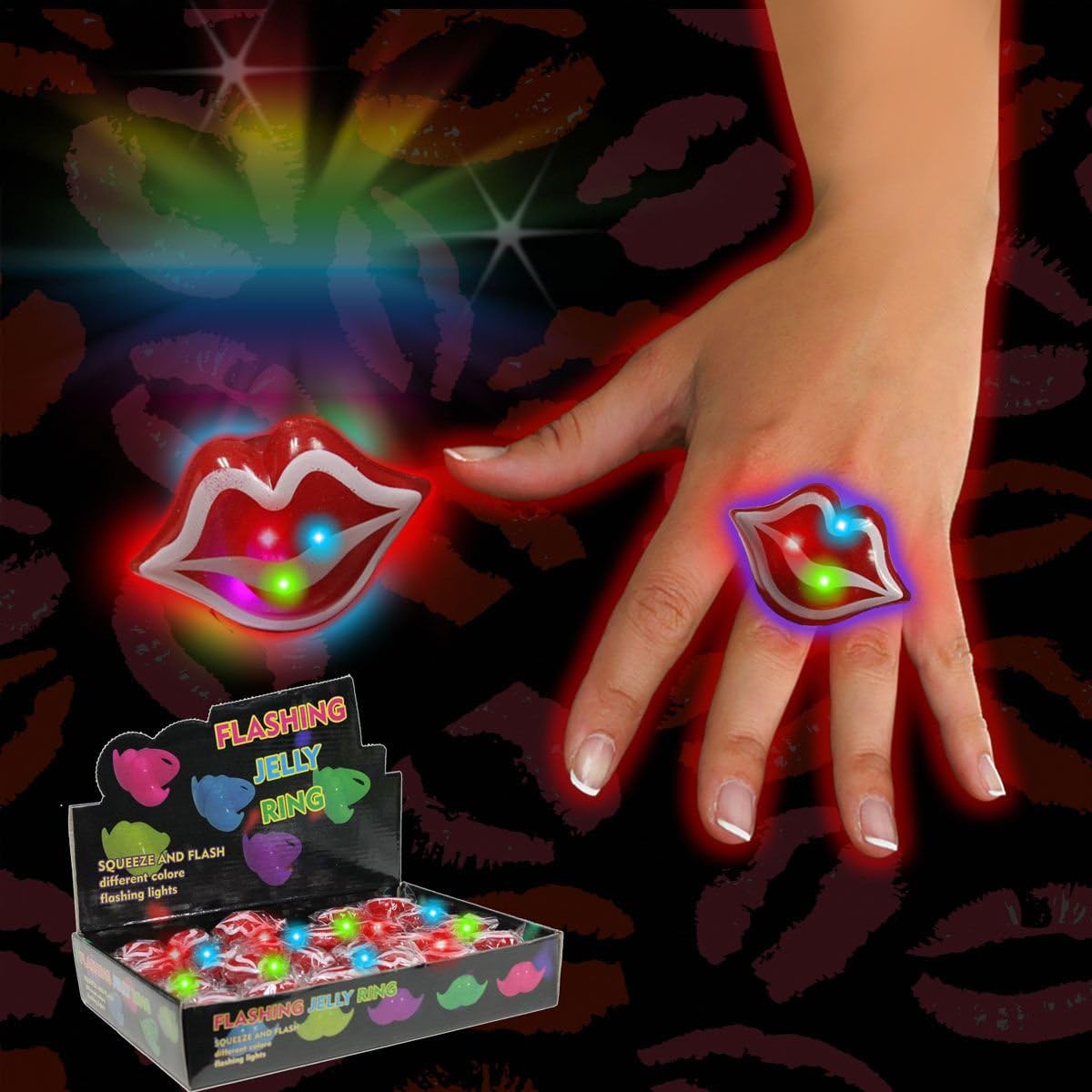 LED Light Up Jelly Red Lip Rings Party Favors - 24 Pack