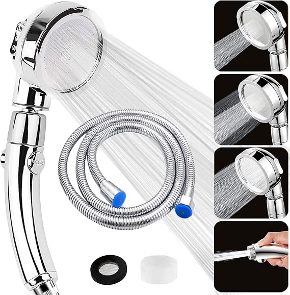 Shower Head and Hose 2m, High Pressure Shower Heads with Stop Button, Universal Handheld Shower with 3 Spray Modes, Water Saving Shower Head 360° Rotating for Adults Children Pets Home, Chrome