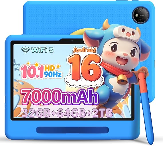 P10 Kid Kids Tablet with Silicone Case & Stylus Pen, 10 inch tablet Android 16 Tablet for Kids Ages 3-12 Years, 90Hz 32GB+64GB/TF 2TB, Gemini AI, Parental Controls, WiFi/Bluetooth/OTG/3.5mm jack, Blue