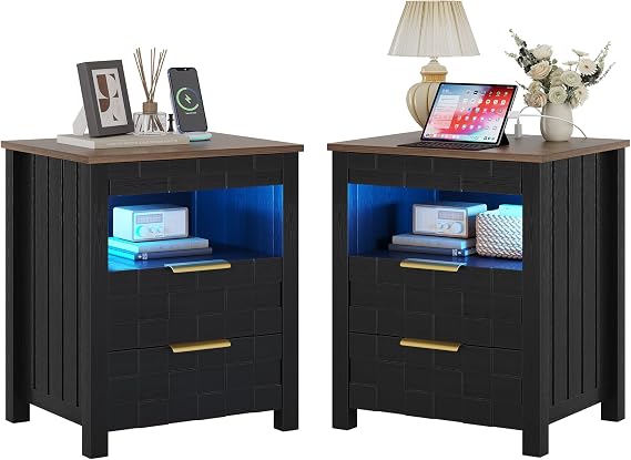 Dystler Gun Night Stand Set of 2 with Charging Station & 3 Drawers