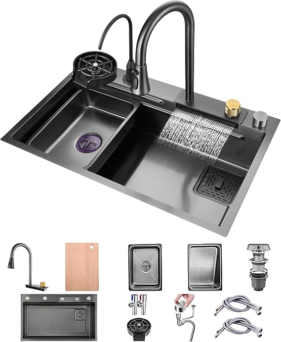 Waterfall Stainless Steel Kitchen Bar Sink, Nano Single Bowl, Multi-function Workstation, 2 Drain Baskets, Cutting Board, Cup Washer, Soap Dispenser, 80x45x22cm, Undermount Installation