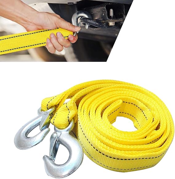 Car Towing Strap, 13.1 Ft Heavy Duty Tow Rope with Steel Hooks, Wider Reflective Recovery Strap with Storage Bag, Universal 5 Ton Capacity Emergency Tie Down Line for SUVs Trucks (Yellow)