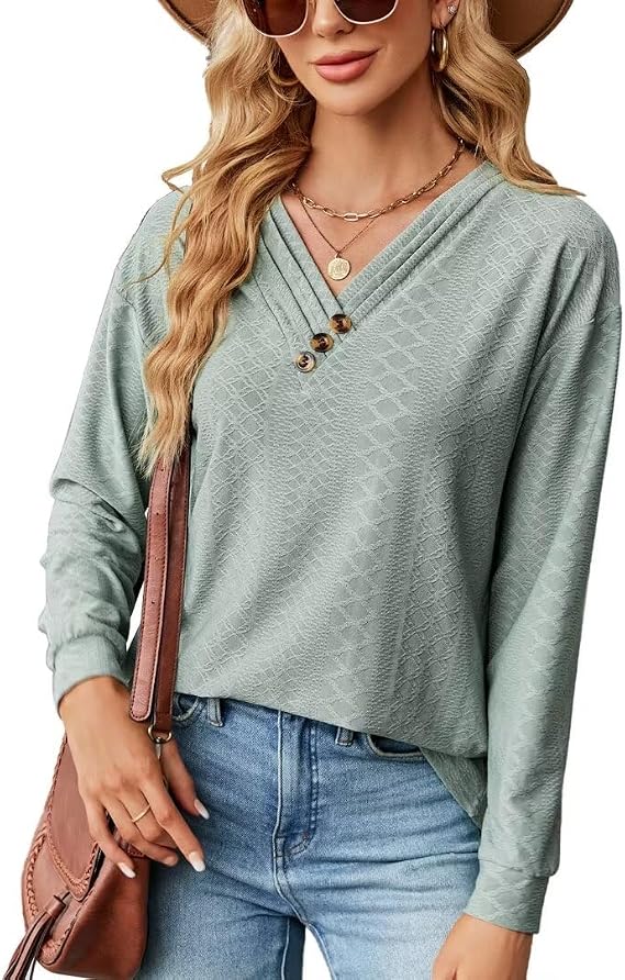Women V Neck Long Sleeve Blouses Casual Pullover Tops Dressy Floral Print Loose Fit Tunic Blouses Fall Shirt Top