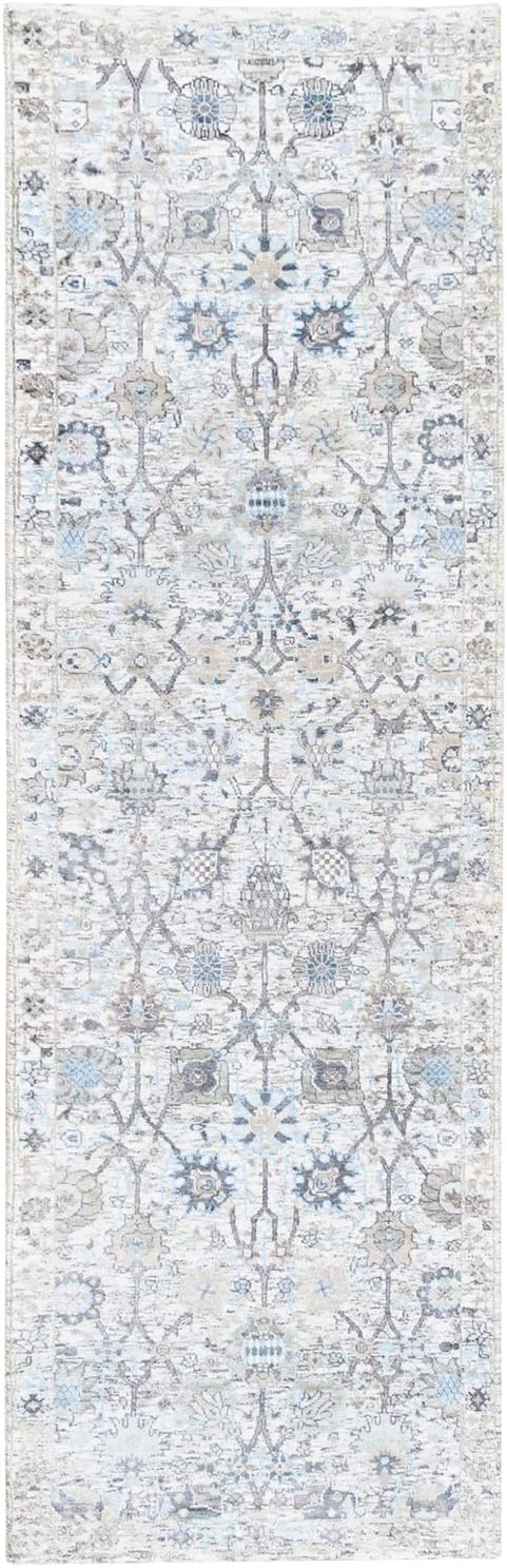 Hand Knotted Ivory Silk with Textured Wool Vase Design Oriental Runner Rug (2'6"x8'2")