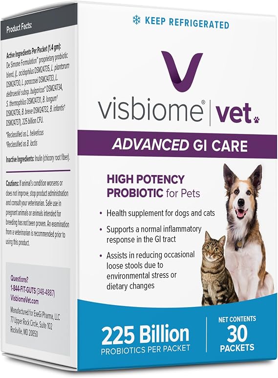 Visbiome Vet Advanced GI Care Probiotic for Dogs & Cats, 225B CFU, 30 ct | Veterinarian Recommended, De Simone Formulation, Multi-Strain, Refrigerated Probiotics, Weight-Based Dosing, Made in USA