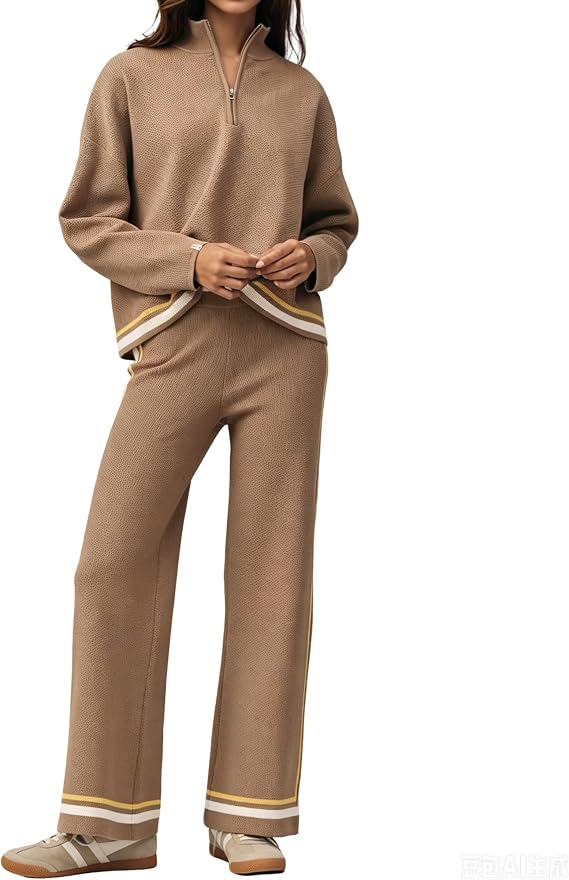 Women Waffle Knit Tracksuit 2 Piece Outfit Half Zip Pullover & Wide Leg Pants Striped Loungewear Set