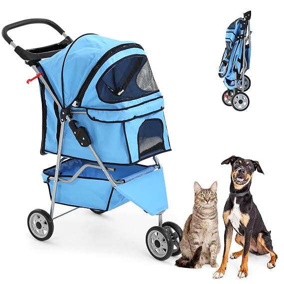 HHS Dog Strollers for Small Dogs Pet Stroller Cat Stroller for 2 Cats 3-Wheel Foldable Traveling Pet Carriage with Cup Holder, Mesh Windows, Removable Liner, Blue, 34In(L) x 17.5In(W) x 39In(H)