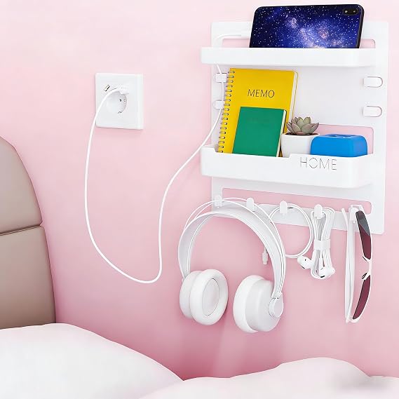 Bedside Shelf Wall Mounted, Bed Shelf, Bunk Bed Shelf with Hooks (White)