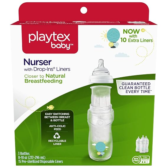 Playtex Baby Nurser Bottle with Disposable Drop-Ins Liners, for Breastfed Babies, 8 Ounce Decorated Bottles, 3 Count