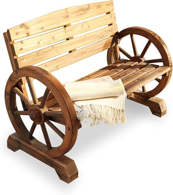 Outdoor Bench Wooden Rustic Patio Bench Wagon Wheel Porch Bench for Garden,Porch,Yard(Wooden Color,45"x21"x32")