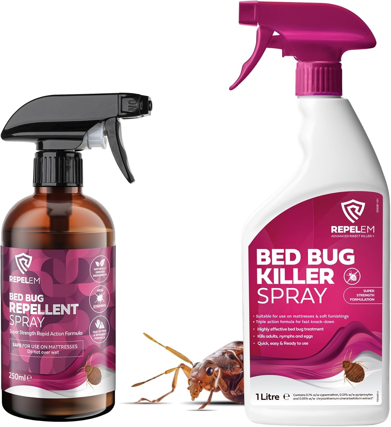 REPELEM Bed Bug Killer Spray - Large 1L Bed Bug Spray, Kills Bedbugs at All Life Stages, All in One Treatment for Use on Mattresses, Soft Furnishings Bed Bug Killer & 250ml Repellent