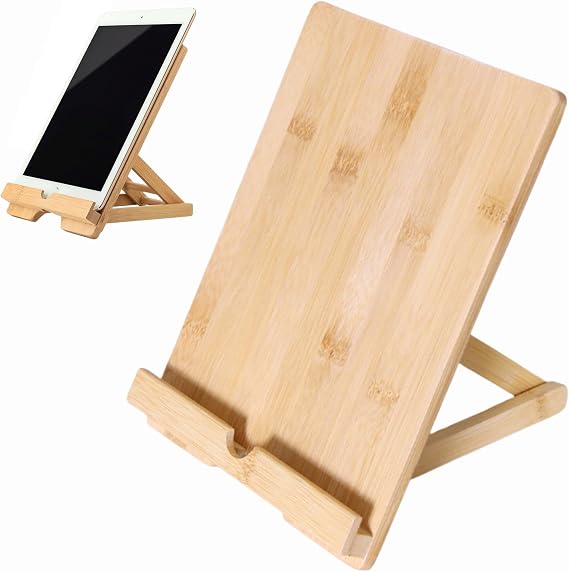 Bamboo Tablet Stand Wooden Phone Holder for Desk Universal Mobile Dock Decor Tablet Mount Compatible iPad Tablets All iPhone Android Mobile Phones Adjustable Wood Stands for Home Office (Board)