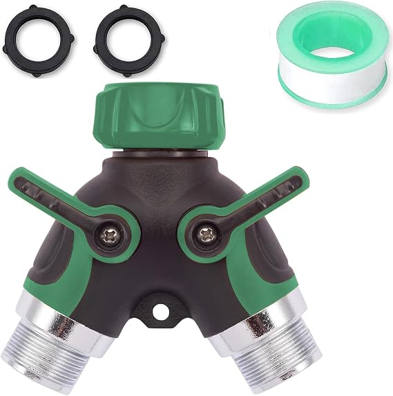 Hose Splitter 2 Way, Heavy Duty Metal Connector, Two Way Garden Hose Splitter, High Flow Spigot Faucet Bib Adapter, Solid Double Y Shut Off Valve with 2 Extra Rubber Washers