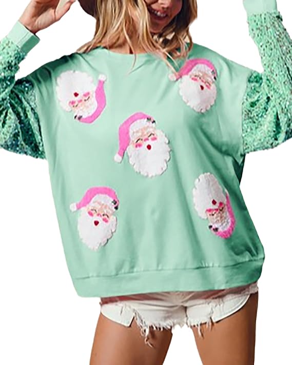 Women's Cute Santa Christmas Sweatshirts Funny Graphic Lightweight Sequin Long Sleeve Pullover Hoodies