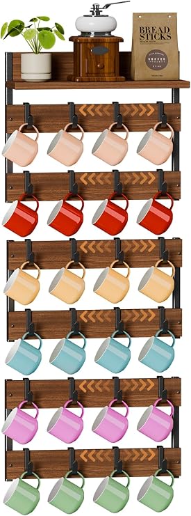 Mug Rack for Wall, Coffee Cup Holder Wall Mount with 24 Adjustable Hooks