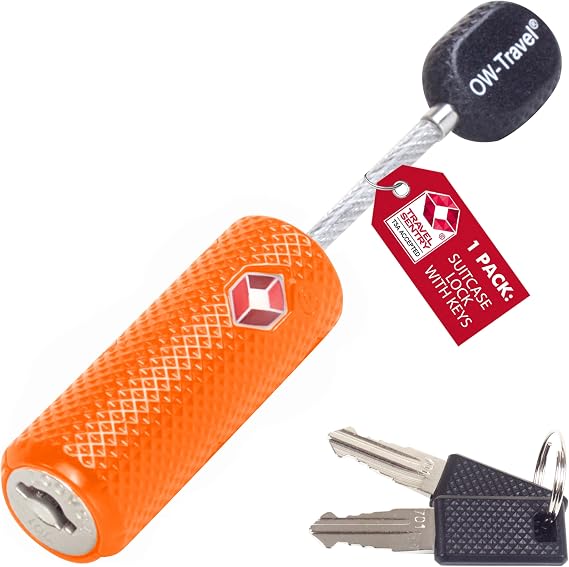 OW-Travel Suitcase Locks with Keys, TSA Approved Luggage Padlocks, Orange 1 | Suitcase Padlocks with keys and steel cable for hand luggage, cabin travel bags, lockers, zipper cases, mini keyed TSA Locks
