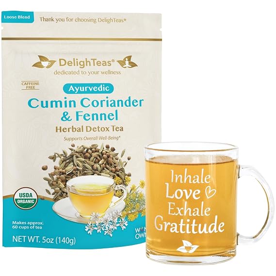 DelighTeas Ayurvedic CCF Tea with Inspirational Tea Mug | Organic, Caffeine Free Herbal Tea for Digestion | 12oz / 350ml, 3" Diameter x 4" Tall
