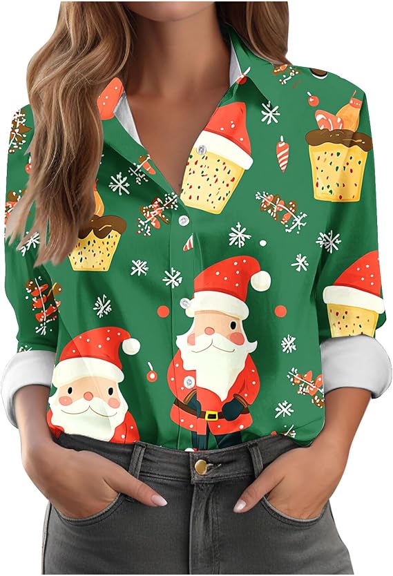 Button Down Christmas Shirt for Women Trendy 2025 Long Sleeve Ugly Xmas Graphic Blouse Comfy Fall Work Dressy Tops