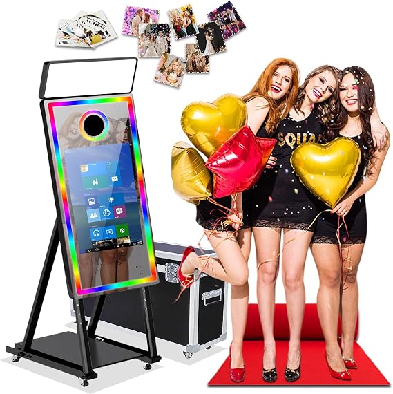 Magic Mirror Photo Booth with Square Fill Light,40in Mirror Photo Booth with 21.5in Touchscreen,RGB Mood Lighting Frames,for Wedding,Birthday and Party,with Flight Case (Black, Photo Booth Machine)