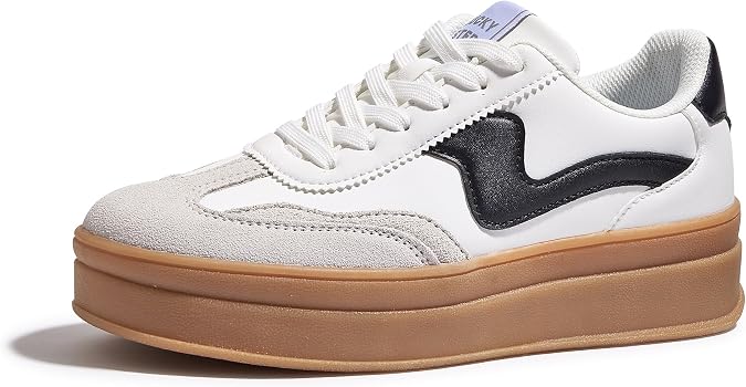 LUCKY STEP Women's Platform Fashion Sneakers Thick Sole | Suede Genuine Leather Classic Gum Sole Low Top l Casual Walking Shoes