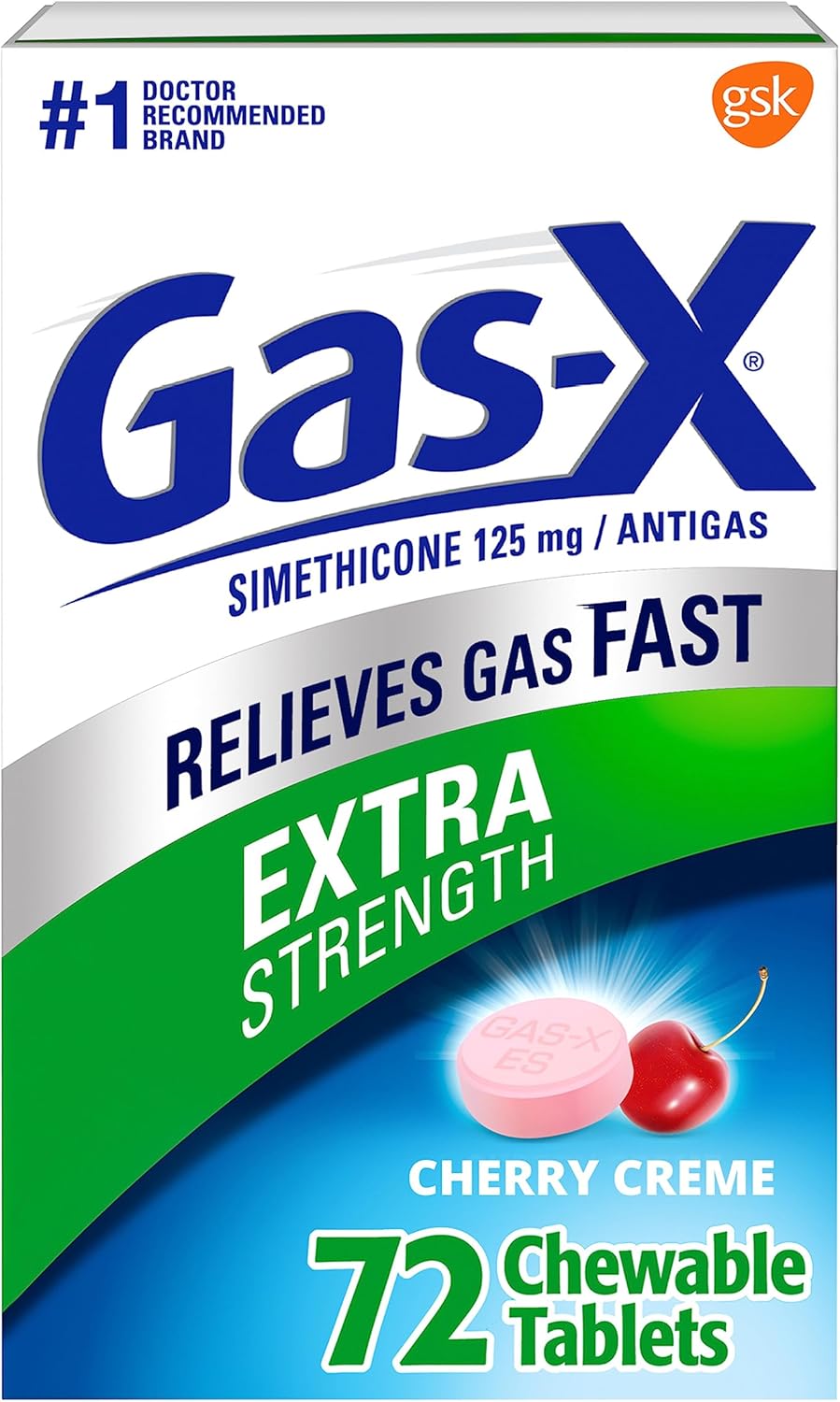 Gas-X Extra Strength Chewable Gas Relief Tablets with Simethicone 125 mg for Bloating Relief, Cherry - 72 Count