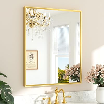 TETOTE Brushed Gold Mirror for Bathroom Sink 30 x 36 Beveled Frame Brushed Gold Brass Vanity Rectangle Mirror for Bathroom Wall, Modern Farmhouse, Tempered Glass, Stronger Frame
