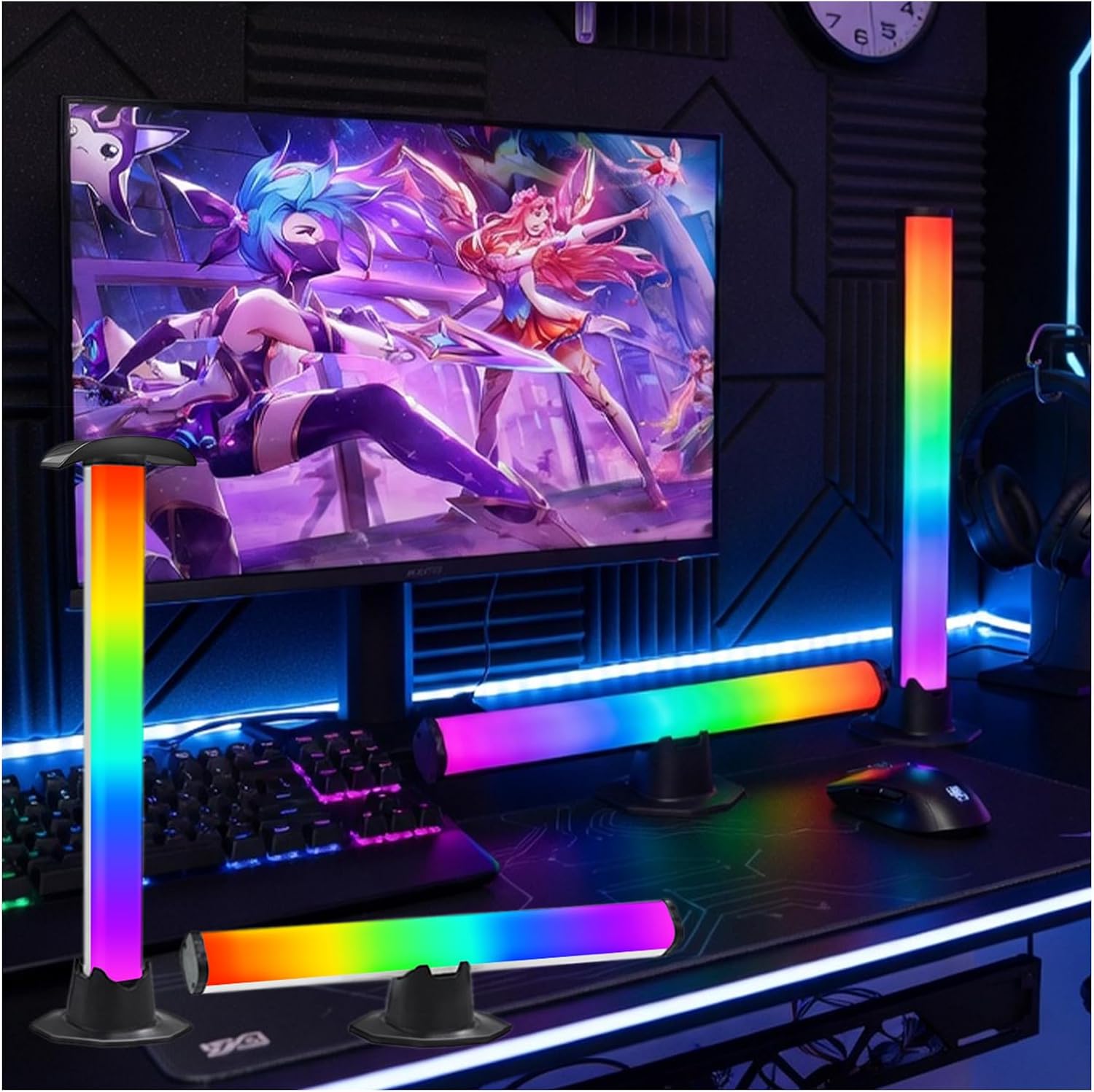 RGB PC Light Bars, 27CM Smart LED Gaming Lights with Music Sync, USB Powered Desktop Atmosphere Lamp for Monitor & TV Backlight, Dimmable Colour Changing Room Decor with Octagonal Base (2PCS) [Energy Class A+++]