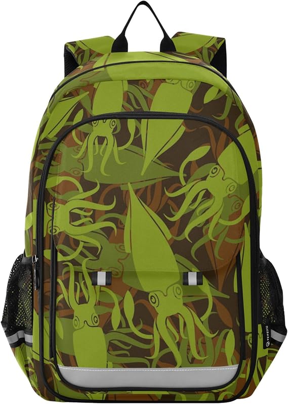 Green Squid Backpack School Backpack Lightweight Laptop Backpack Students Book Bag with Reflective Stripes
