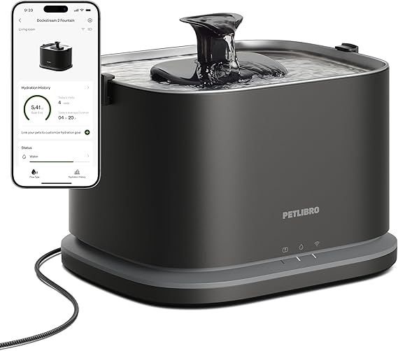 PETLIBRO Upgrade Cat Water Fountain Stainless Steel Tray, Dockstream 2 Cat Fountain Indoor, 3L/101oz Auto Cat Fountains for Drinking, App Monitoring Pet Water Fountain Dog, 5G WiFi Cat Water Dispenser
