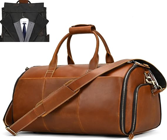 Genuine Leather Convertible Travel Garment Bag,Carry on Garment Duffel Bag for Men Suit Carrier Bag - 2 in 1 Hanging Suitcase Suit Business Travel Bag, Light Brown