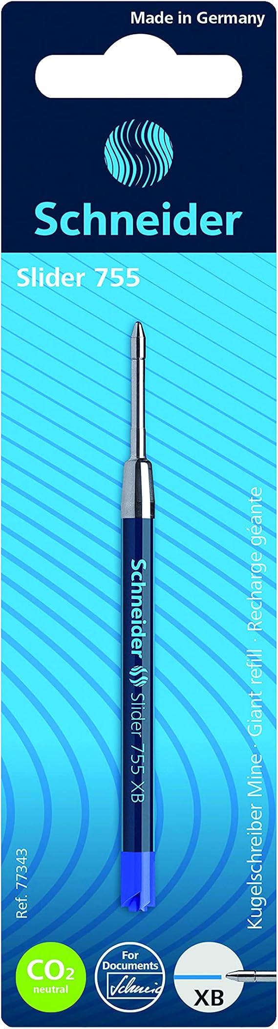 Schneider Slider 755 XB (Extra Broad) Ballpoint Pen Refill, 1.4 mm, ISO Format G2, Blue Ink, Blister Pack of 1 Refill (77343)