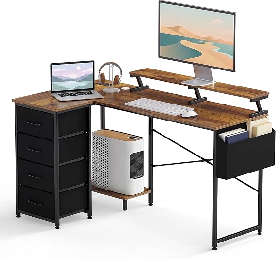 Levede Corner Desk with Storage, L Shaped Corner Computer Desk with Drawers, Charging Station & Ergonomic Monitor Stand, Home Office Study Desk, Walnut, 140x80x87cm
