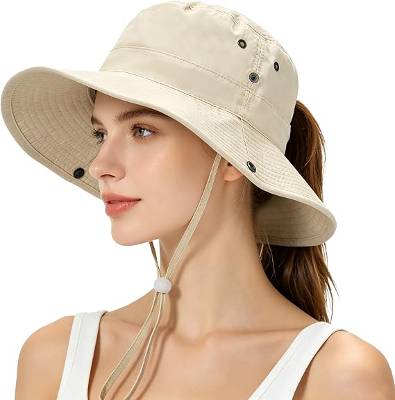 Packable Sun Hat for Women Men, Wide Brim UV Protection Safari Fishing Hat, Lightweight Breathable Nylon Outdoor Hat for Beach, Hiking & Travel, Beige
