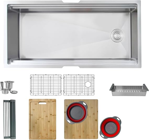 Stylish 39 x 19 Inch Large Kitchen Sink 16G Stainless Steel Single Bowl Deep Ledge Workstation Undermount Kitchen Sink with Basket Strainer Bottom Grids and 5 More Accessories, S-639W